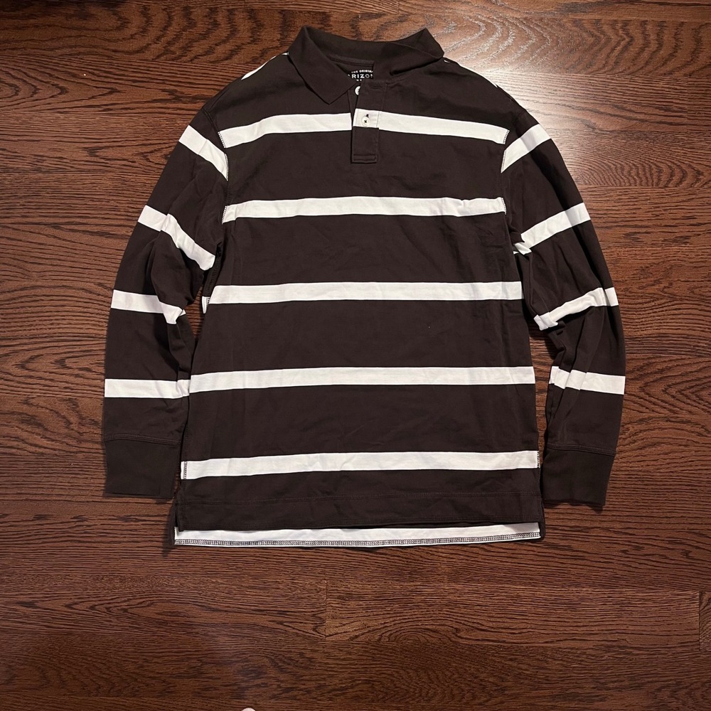 y2k vintage men's brown & white striped collared long sleeve shirt xl